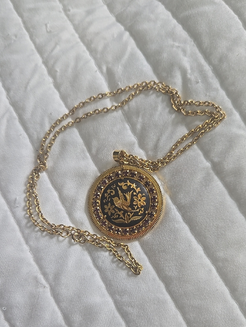 MCM vintage Spanish Toledo Damascene necklace features a bird and floral motif